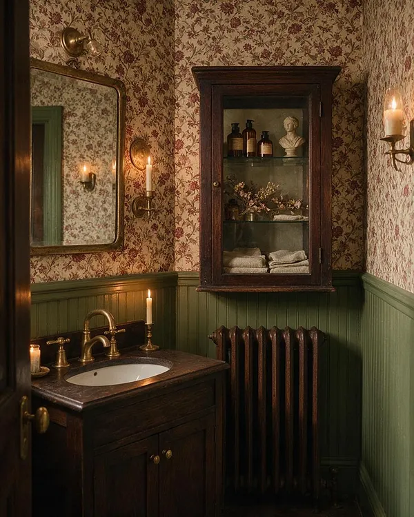 A moody bathroom with burgundy floral wallpaper, deep green wainscoting, and a dark wood vanity topped with a stone sink. Brass fixtures, candle sconces, a wall mirror, a glass-front cabinet, and a cast-iron radiator create a richly layered Dark Academia atmosphere.