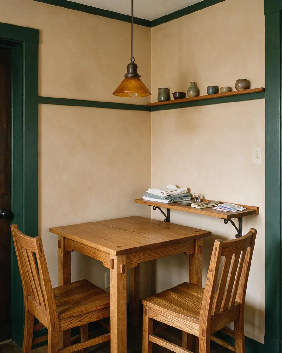 A compact studio apartment dining nook in Craftsman style with a square oak table and two wooden chairs against cream walls. Dark green trim frames the doorway and ceiling edges, while a warm amber pendant light hangs above and a slim wall shelf displays small pottery pieces.