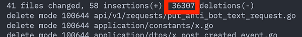 Screenshot of a large-scale code deletion operation in a version control system.