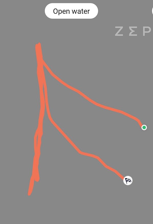 Map of a swimming route traced in red lines over open water, showing start and finish points.