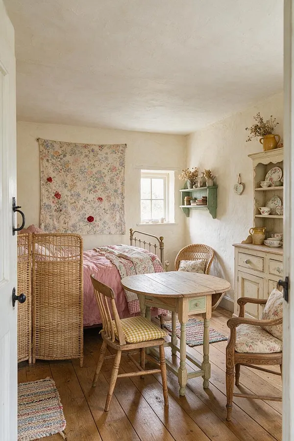 A small studio apartment styled in cottagecore design with a pink bed, wicker chairs, a round wooden table, and distressed painted storage. Floral textiles, dried flowers, and ceramic dishware add a soft, handmade feel, while cream plaster walls and wide wood floorboards create a warm rustic atmosphere.