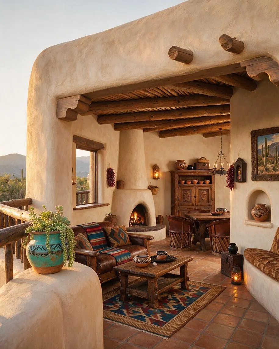 A warm Southwestern-style outdoor room with rounded adobe walls, exposed wooden ceiling beams, a built-in fireplace, rustic wood furniture, colorful woven textiles, terracotta tile flooring, and ceramic pottery accents. Desert views are visible through the open sides, creating a cozy, sunlit retreat.