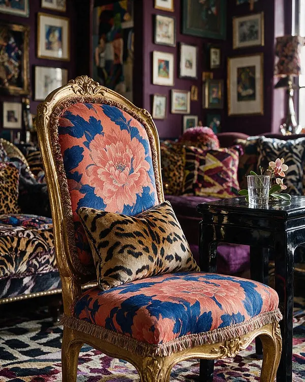 A richly decorated living room features a gilded French-style chair upholstered in large pink and blue floral fabric, accented with a leopard-print lumbar pillow. Around it are dark glossy side tables, patterned pillows, a deep purple wall covered with framed artwork, and a moody, layered mix of textiles and finishes.
