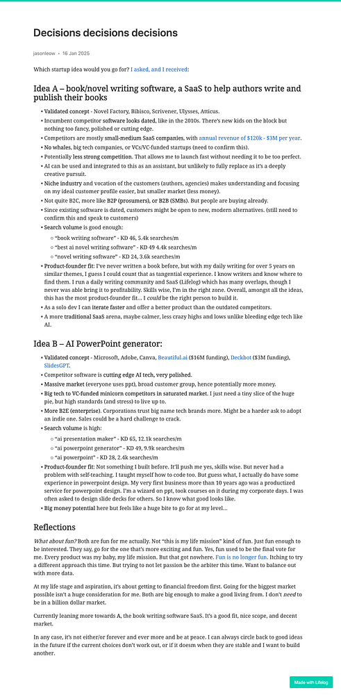 A detailed discussion of two startup ideas focused on writing and presentation software.