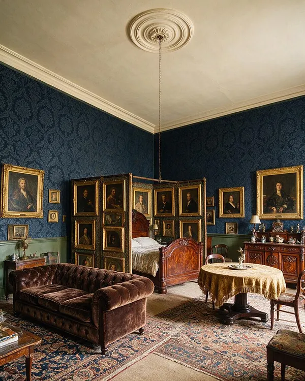 A richly decorated Victorian-style studio apartment with dark blue patterned wallpaper, sage green wainscoting, ornate ceiling plasterwork, and a cream ceiling. The room includes a carved wooden bed, a tufted brown velvet sofa, antique portraits in gilded frames, a round table with a gold cloth, and carved wood cabinets, all layered over patterned rugs.