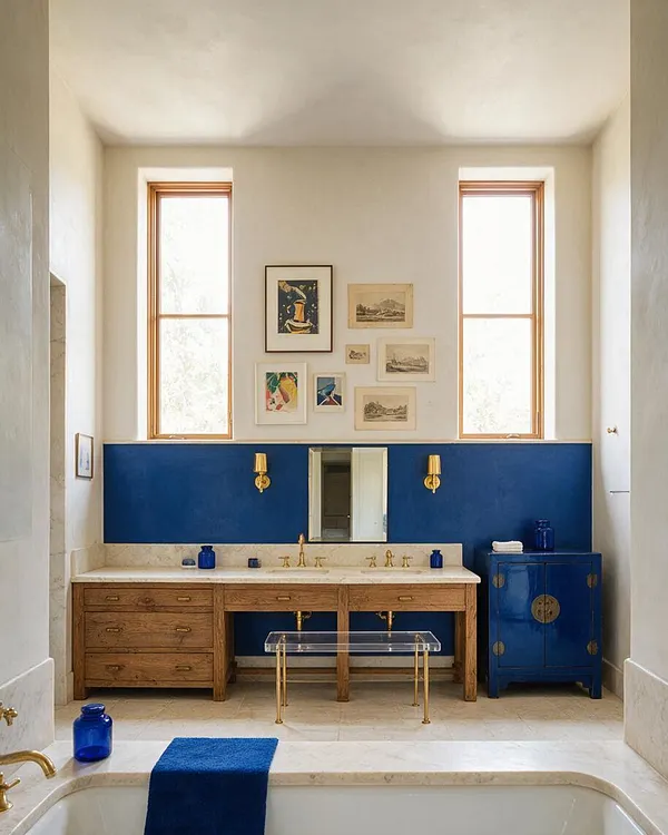 A tall master bathroom with two narrow windows, a deep blue wainscoted wall, and a long wood vanity topped with a light stone countertop. Brass sconces, a centered mirror, blue ceramic accents, a clear acrylic bench, and a freestanding tub with a blue towel create an eclectic mix of vintage and modern details.
