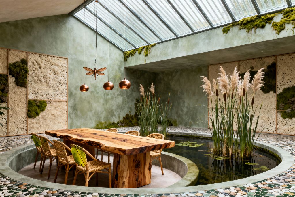 A biophilic dining room features a circular sunken seating area with a live-edge wooden table and rattan chairs with leaf‑green cushions, encircled by an indoor pond with lily pads, reeds, and tall grasses. Sage green limewash walls, porous stone panels inset with preserved moss, a pebble mosaic floor, and a large sloped glass skylight define the space; copper globe pendants and a dragonfly sculpture hang above, casting warm light.