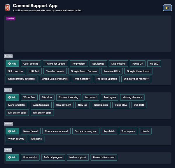 The image displays a user interface for a Canned Support App designed for customer support with various preset replies organized by categories.