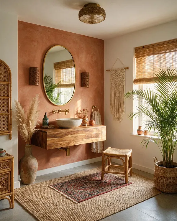 A bohemian powder room with a terra cotta accent wall, oval mirror, floating wood vanity, and vessel sink. The space includes woven blinds, macrame wall art, rattan furniture, a patterned rug, and potted greenery for a warm, natural feel.