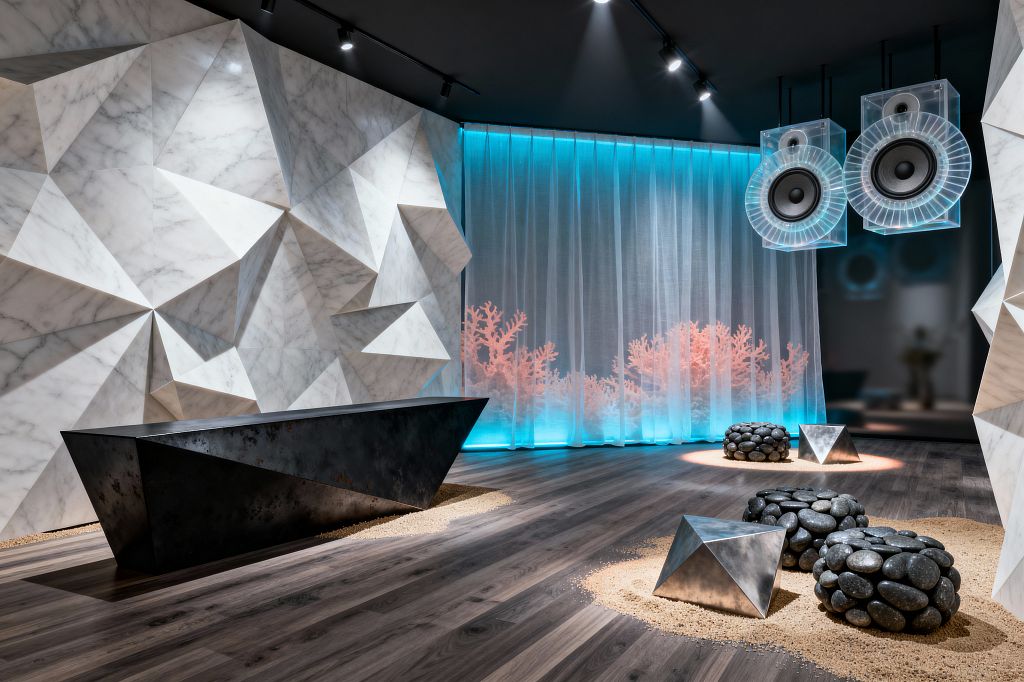 A media room features a dramatic faceted white marble wall beside a long angular blackened-steel bench. The dark wood floor holds circular patches of sand with pebble-like stone stools and small stainless-steel pyramids. At the back, sheer floor-to-ceiling curtains glow aqua with soft coral silhouettes, while two oversized transparent acrylic speakers hang from a black track-lit ceiling, casting focused light and reflections across the sculptural surfaces.