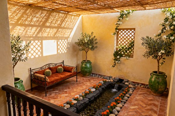 A sunlit Moroccan-inspired patio features a herringbone terracotta floor and a narrow water rill edged with black lava stone, smooth river pebbles, and rows of bright orange flowers. A woven reed pergola casts patterned shadows over warm plaster walls, a lattice window framed by white-blossomed vines, and a wrought-iron daybed with a rust velvet cushion and cactus accents. Large green-glazed urns hold olive trees, creating a tranquil, shaded retreat.