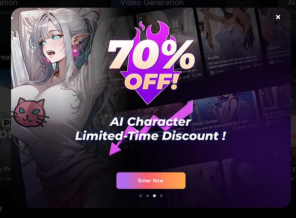 A promotional graphic advertising a 70% discount on AI character services.