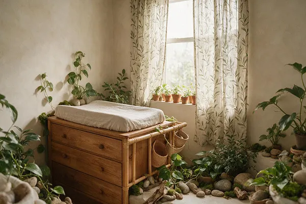 A serene nursery filled with natural light, featuring a wooden changing dresser with a cushioned top, rattan storage baskets, and trailing green plants arranged around the room. Leaf-patterned sheer curtains filter sunlight at the window, while pebbles, moss, and potted greenery create a garden-like biophilic atmosphere.