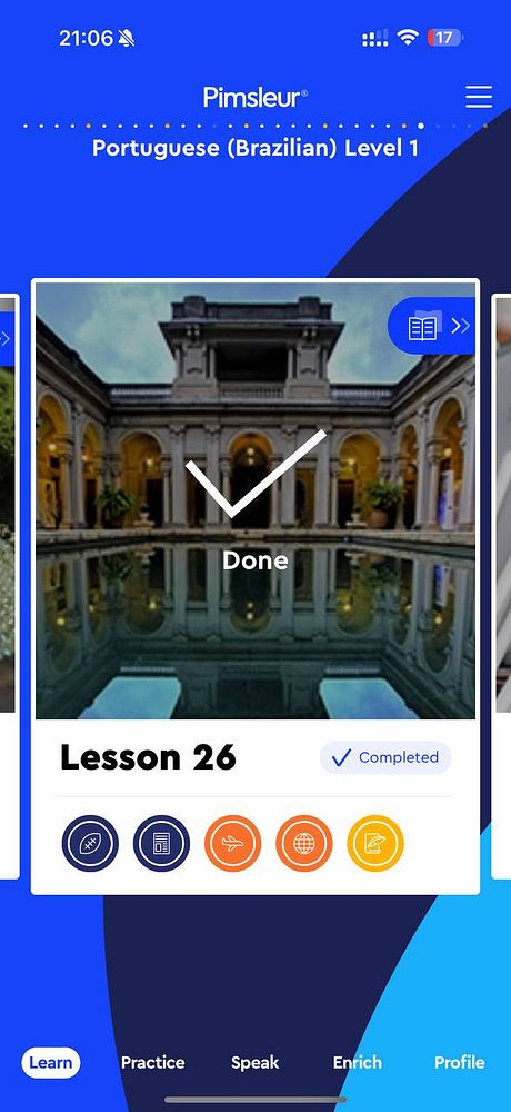 The image displays a completed lesson screen from the Pimsleur language learning app for Brazilian Portuguese.