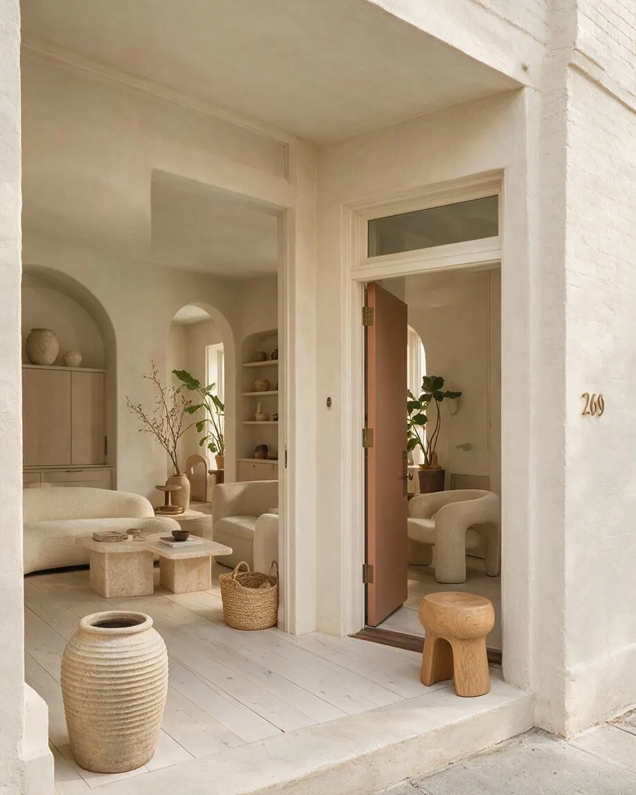 A front porch styled in Organic Modern design with creamy plaster walls, a warm wood door, and pale painted floors. Inside the open entry are rounded beige sofas, arched niches, sculptural pottery, and natural woven accents, creating a calm, minimal, earthy space.