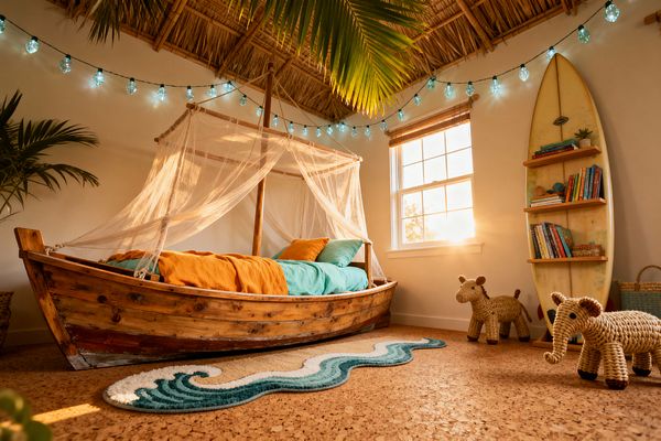 A tropical-themed children’s bedroom features a wooden boat converted into a bed with turquoise bedding and an orange throw, draped in a gauzy mosquito net. A thatched bamboo ceiling supports teal glass string lights, while a surfboard fitted with shelves holds books near a sunlit window with bamboo blinds. The cork floor has a wave-shaped rug, rattan animal toys, woven baskets, and potted palms, creating a playful island atmosphere.