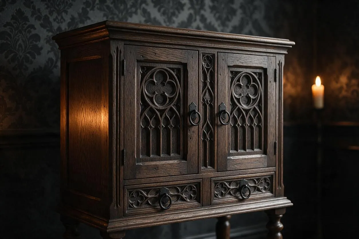 A dark carved wooden cabinet in Gothic style stands against a moody patterned wall, with pointed-arch panel details, circular tracery motifs, and iron ring pulls. A single candle glows in the background, adding warm light to the rich brown wood and shadowy atmosphere.