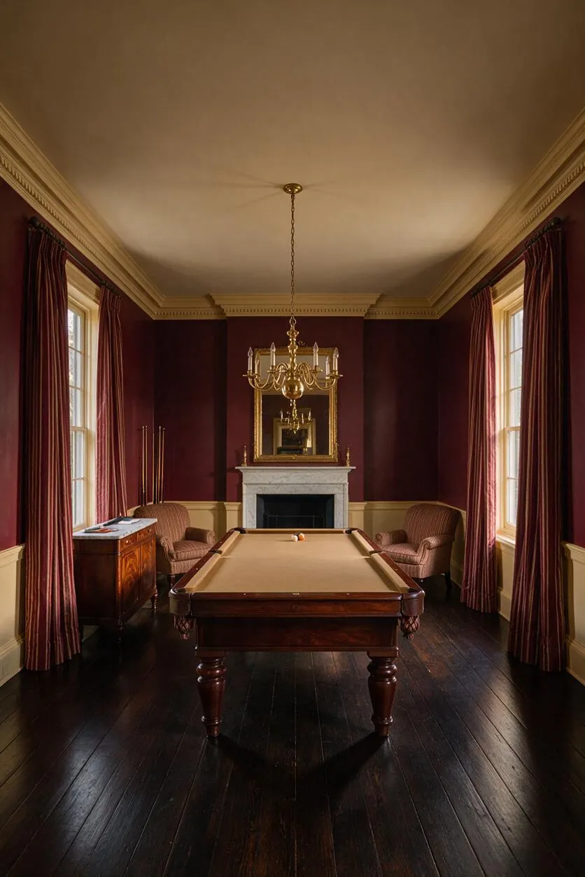 A traditional game room centered on a billiards table with tan felt and a polished wood frame, placed on dark hardwood floors. Burgundy walls, cream crown molding, floor-length curtains, a white marble fireplace, a gold chandelier, and two upholstered armchairs create a formal, classic atmosphere.