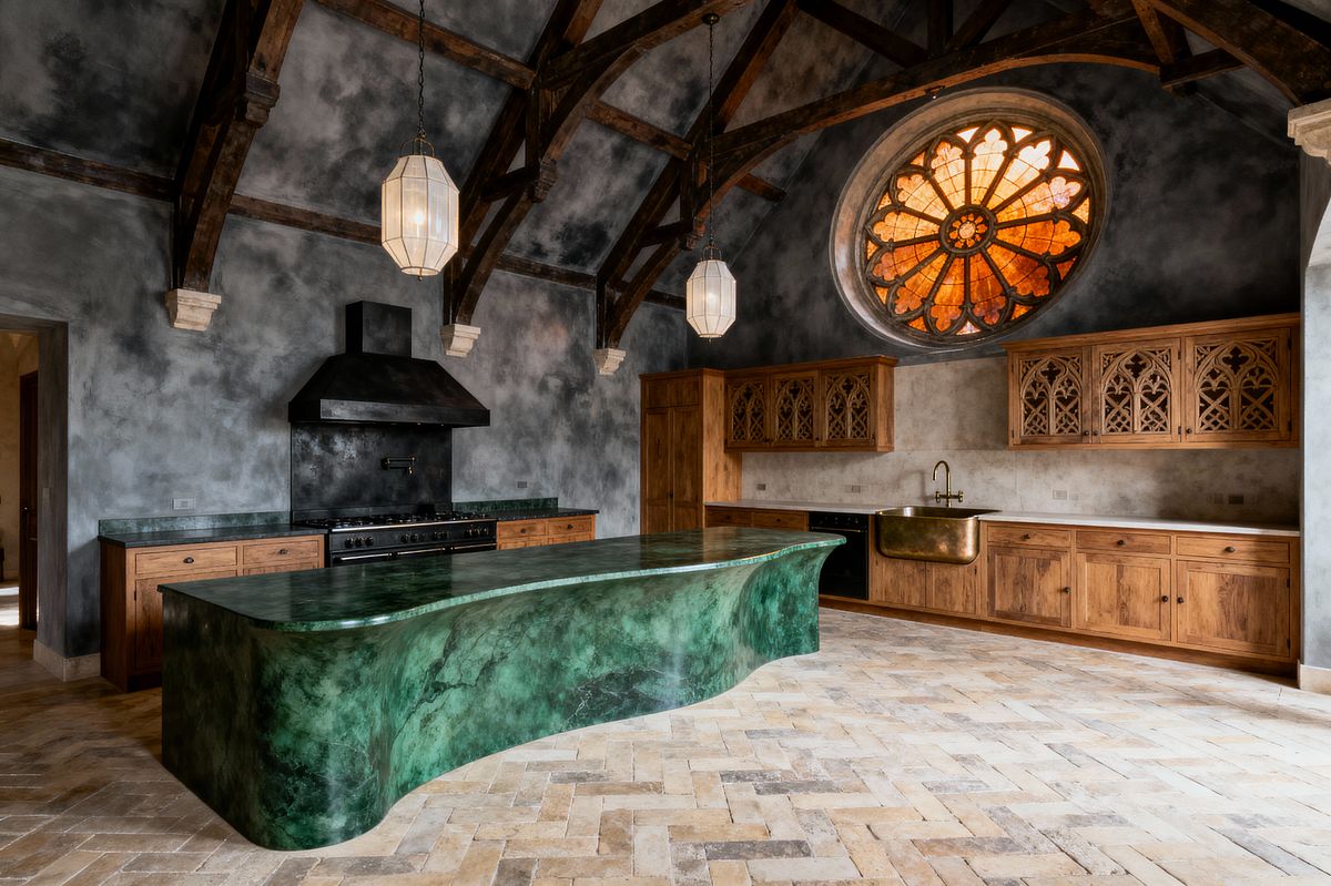 Room AI – Gothic Kitchen with Emerald Marble Island - Interior Design