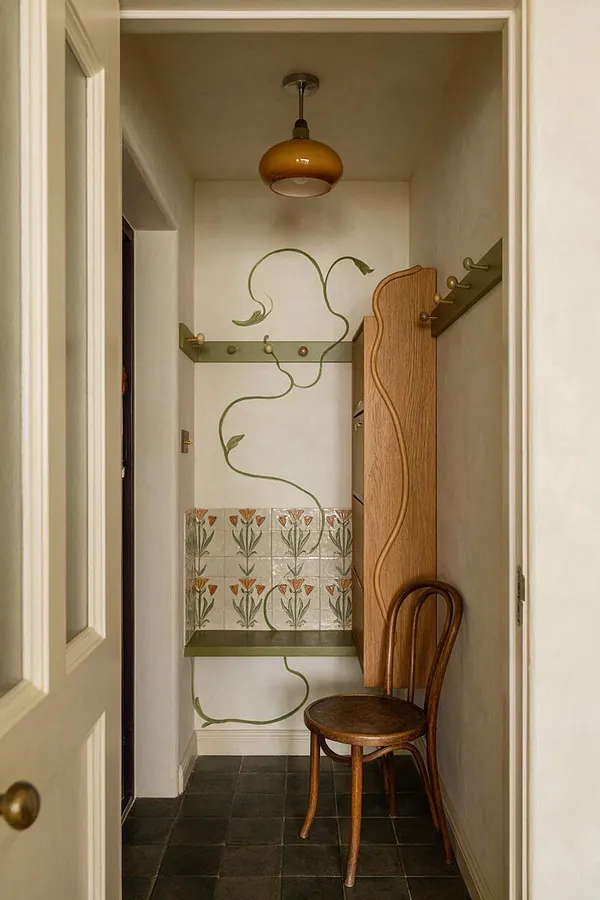 A narrow mudroom with dark tiled flooring, cream walls, and Art Nouveau-inspired details. The space features a warm amber pendant light, olive-green trim, a flowing vine mural, floral tile wainscoting, a sculpted wood cabinet, and a bentwood-style chair.