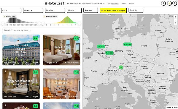 A map highlighting hotels where US Presidents have stayed, along with a task instruction to add a filter for these hotels in a hotel list.