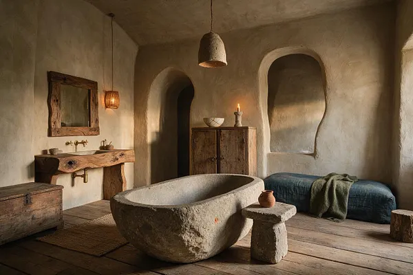 A warm, rustic master bathroom with plaster walls, arched niches, and a sculptural stone soaking tub centered on weathered wood flooring. A live-edge wooden vanity, rustic mirror, dark wood storage cabinet, and textured bench with a folded throw complete the serene Wabi-Sabi look.