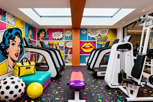 A home gym features white treadmills and a weight machine aligned in two rows facing a wall-sized Pop Art comic mural in vivid cyan, magenta, yellow, and black. A large skylight brightens a speckled black rubber floor with neon confetti, a glossy purple-and-orange bench, stacked turquoise mats, a black-and-white polka-dot ball, a yellow exercise ball, a bright yellow duffel, and a central timber beam.