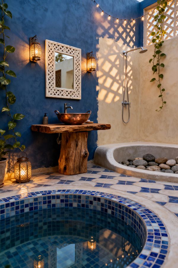 An outdoor-leaning bohemian bathroom with an indigo plaster wall beside sand-colored plaster. A rustic live-edge wood vanity holds a hammered copper vessel sink under a carved white mirror, flanked by warm lantern sconces. Blue-and-ivory patterned floor tiles frame a circular plunge tub clad in blue mosaic. An open shower sits beside a shallow basin of river stones. String lights and a latticed screen cast geometric shadows, with trailing green vines and a floor lantern softening the scene.