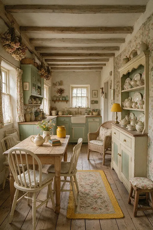 A cozy cottagecore kitchen with exposed wood ceiling beams, floral wallpaper, and soft green cabinetry. A rustic wooden table with mismatched chairs sits on wide plank floors, surrounded by wicker seating, open shelves of teacups, and dried flowers for a lived-in, nostalgic feel.