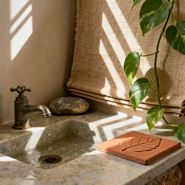 Close-up of a laundry room sink in natural light, featuring a honed limestone basin and countertop with an antique brass faucet dripping water. A rough-woven linen Roman shade filters the sun, casting striped shadows, while a trailing pothos vine, a smooth river stone, and a terracotta tile embossed with a leaf rest on the ledge. Warm beige plaster walls and earthy textures create a calm, nature-inspired workspace.