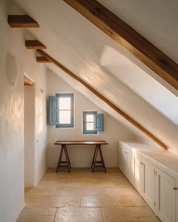 A narrow Mediterranean-style home office with sloped white plaster walls, exposed wooden beams, and a warm stone tile floor. A simple wooden desk sits beneath two small windows with soft blue shutters, while white built-in cabinets line the right side under the eaves.