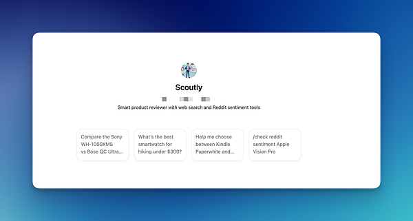 The image displays a user interface for a product review bot named Scoutly.