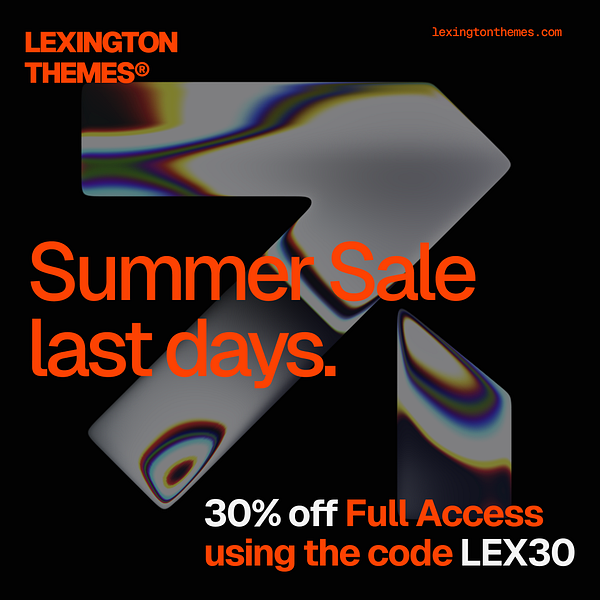 Promotional graphic for a summer sale campaign by Lexington Themes.