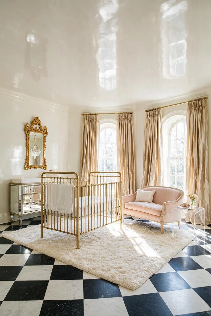 A bright Hollywood Regency nursery with a gold metal crib centered on a cream shag rug, a blush pink velvet settee, and a mirrored dresser with an ornate gold frame. Tall arched windows are dressed with champagne silk drapes, and black-and-white checkered marble floors add dramatic contrast beneath a glossy white ceiling.