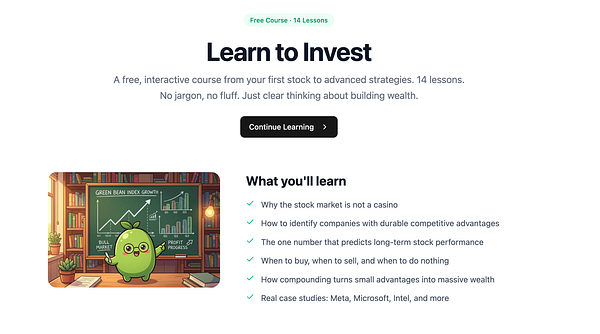 Screenshot of a free investing course webpage from beanvest.com featuring course introduction and navigation menu.