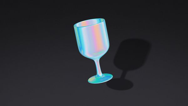 A translucent, iridescent glass is displayed against a dark background.