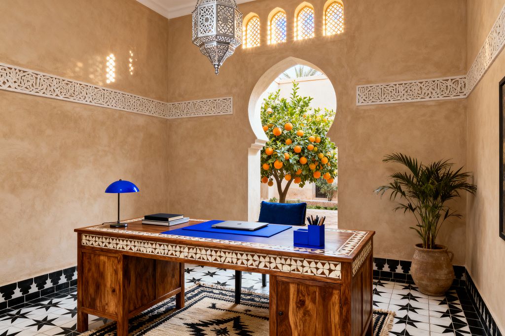 A sunlit home office with sand-colored plaster walls features a carved white plaster frieze and a Moorish keyhole arch opening to a courtyard with an orange tree. At center stands a walnut desk with white bone inlay on black-and-white geometric floor tiles and a Berber-style rug; cobalt blue desk accessories and lamp add contrast, a blue chair sits behind, a perforated metal lantern hangs overhead, and a potted palm stands in a clay pot to the right.