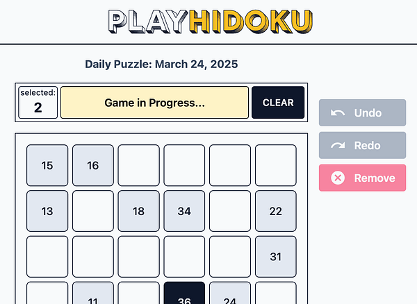 The image displays a user interface for a Hidoku puzzle game in progress, featuring a grid and various control buttons.