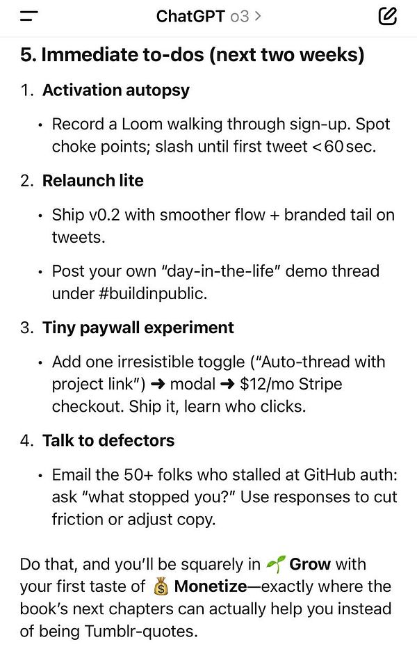 A task list detailing immediate to-dos for a project related to ChatGPT and Make by Levelsio.
