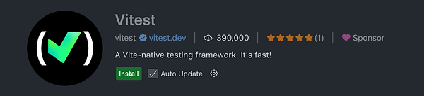 Screenshot of a code editor window showing VS Code interface with the Vitest extension search results.