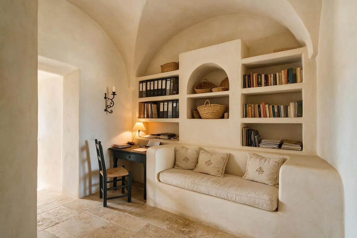 A Mediterranean-style home office with white plaster vaulted ceilings, built-in arched shelving, and a small dark wood desk beside a window. A cushioned built-in bench with embroidered pillows sits below the shelves, and wicker baskets and books add warmth and texture.