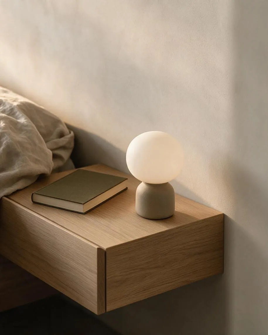 A modern bedroom vignette shows a floating oak bedside shelf against a smooth beige wall. A small round globe lamp with a matte base glows softly beside a closed dark green book, with a rumpled neutral linen duvet visible at the edge of the frame.