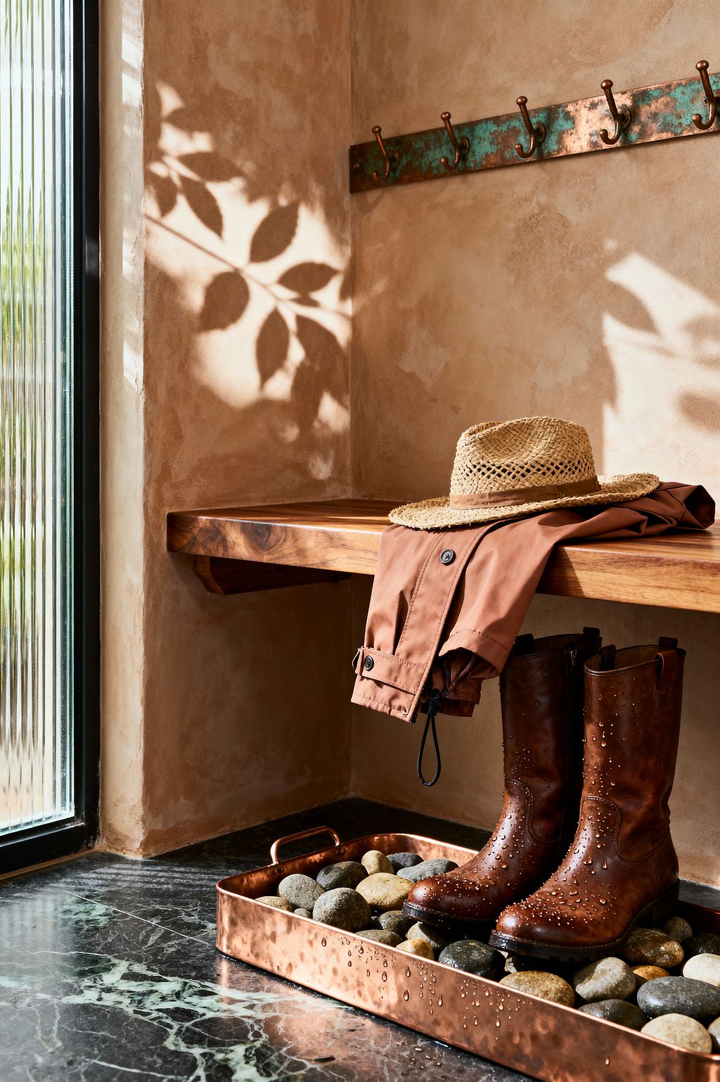 A sunlit mudroom corner with clay-washed plaster walls and a thick solid-wood bench. A patinated copper hook rail lines the wall; a straw hat and terracotta raincoat rest on the bench. On the dark green marble floor sits a copper boot tray filled with smooth river stones holding wet brown leather boots. A tall fluted-glass window in a black frame filters daylight, projecting leaf-shaped shadows across the walls and seat.