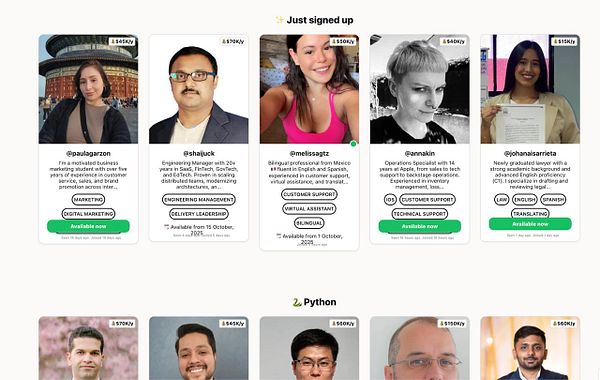 The image displays a grid of user profiles showcasing individuals who have recently signed up for a platform, each with their photos and professional details.