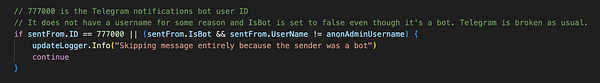 The image displays a code snippet addressing a bug in the Telegram bot API related to system bots.