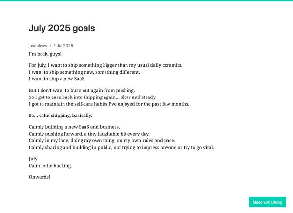 A detailed list of goals for July 2025, focusing on calm and steady progress in personal projects.