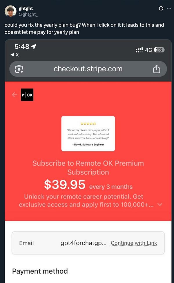 The image displays a mobile checkout interface for a subscription service with a payment issue related to a yearly plan.
