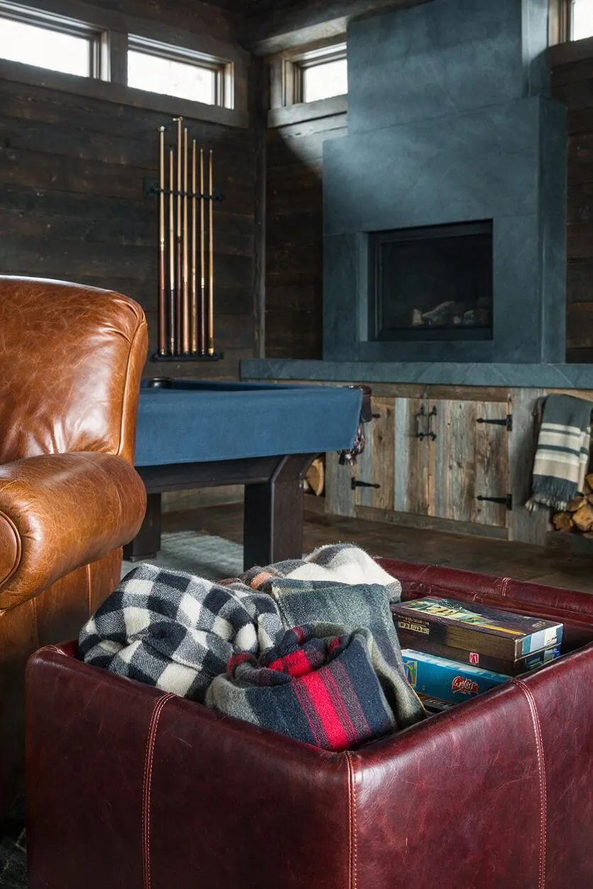 A rustic game room features a blue felt pool table, a brown leather armchair, and a burgundy leather ottoman filled with folded plaid blankets and board games. Dark wood plank walls, a matte black fireplace, and a rack of pool cues complete the cozy, lodge-like atmosphere.