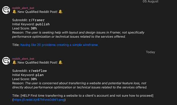 The image displays a screenshot of Reddit alerts for qualified posts related to Framer and Webflow.