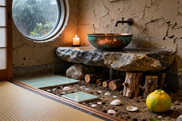 A Wabi-Sabi kitchen sink nook features a large, irregular stone slab counter supporting a round patinated copper bowl beneath a simple wall-mounted spout, set against a rough, cracked plaster wall. A circular window shows rain outside while a candle glows nearby. The floor mixes tatami with celadon tiles set into sand scattered with shells, and the underside reveals exposed rocks and cut timber supports, reinforcing a natural, imperfect aesthetic.